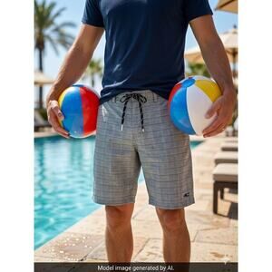 O'Neill Hybrid Shorts Mens 38 Gray Blue Plaid Stretch Boardshorts Walk Shorts